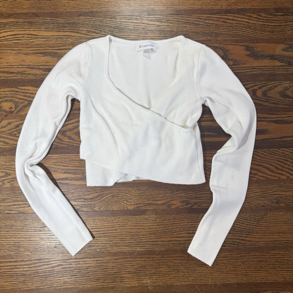 Calvin Klein Women’s XS Long Sleeve Cropped Wrap Top Crossover Style White